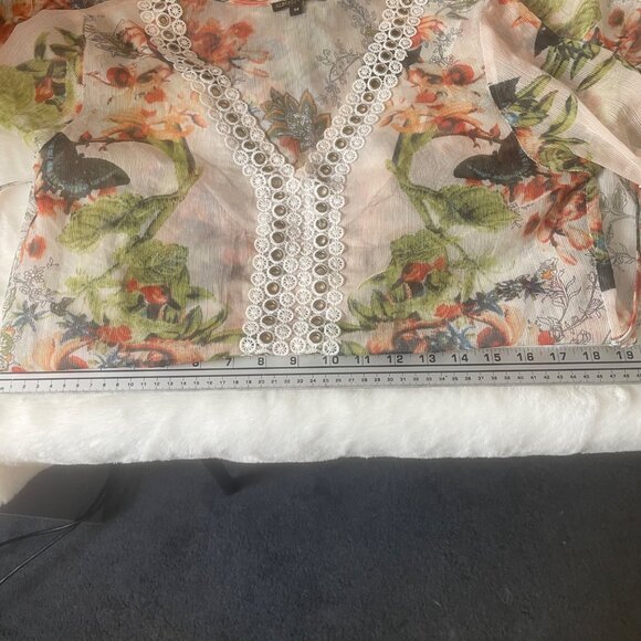 Alberto Makali Floral Sheer Long Dress Lace Trim Bell Sleeves Peasant Boho M - Picture 15 of 16